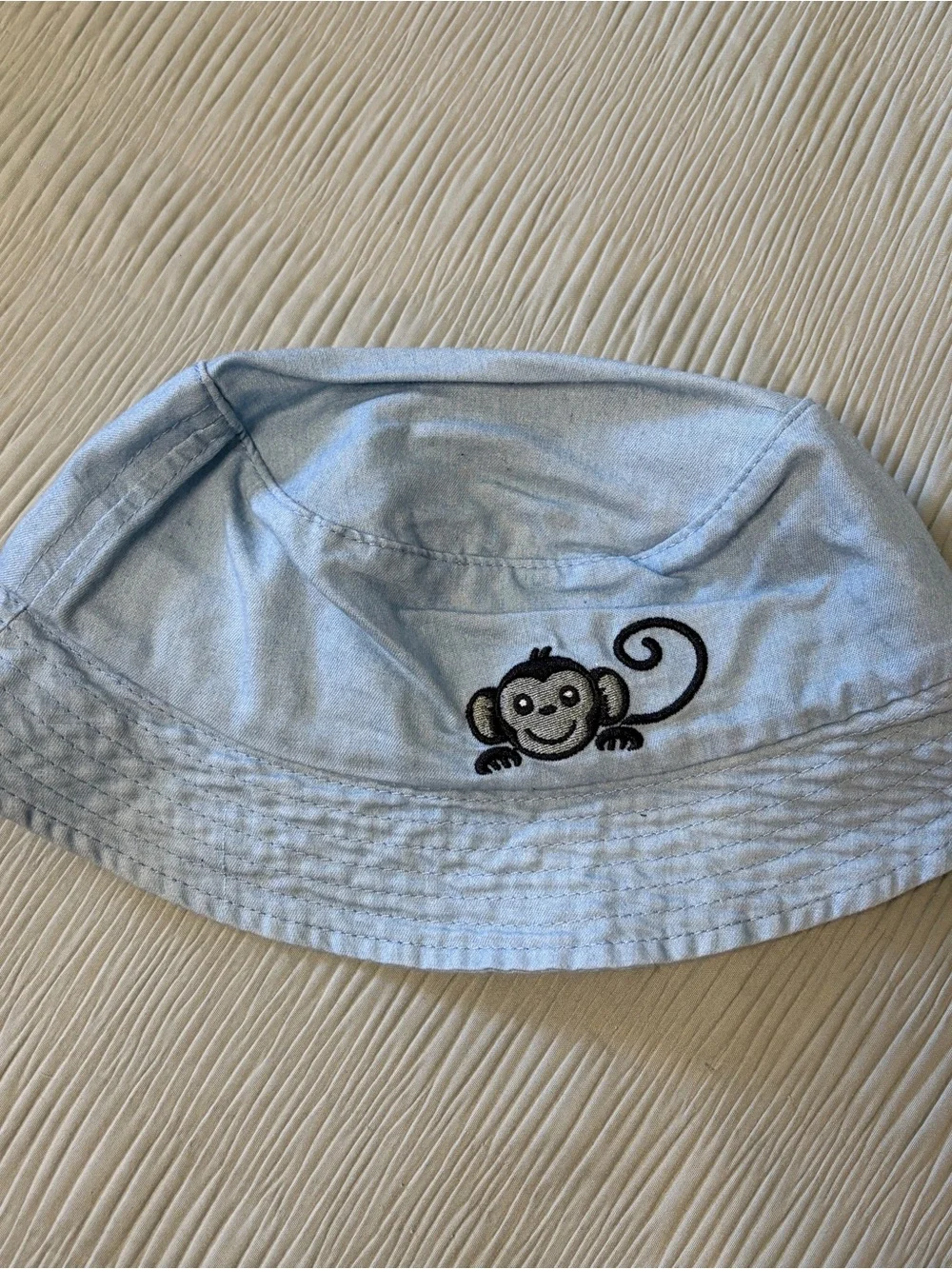 Kids Light Blue Monkey Embroidered Bucket Hat